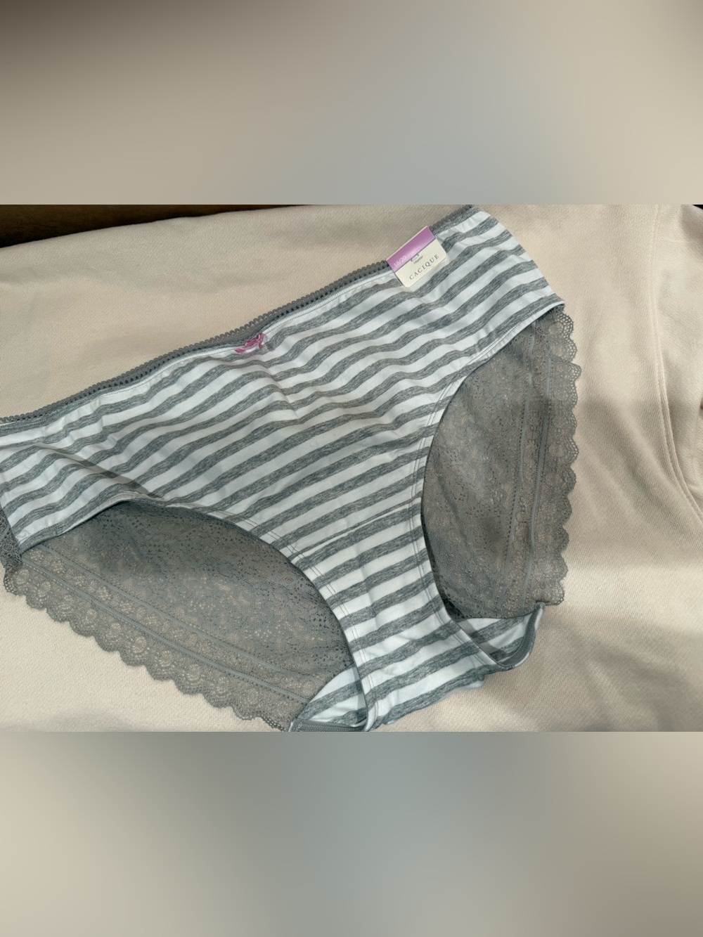 Cacique Gray & White Striped Lace Bikini with Pink Bow Accent